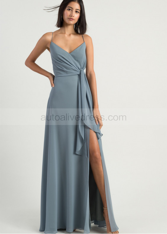 Spaghetti Straps Dusty Blue Chiffon Slit Bridesmaid Dress